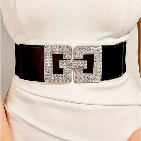 Accessories - RHINESTONE GEOMETRIC BUCKLE WIDE BELT CLASSIC BLACK COLOR ELASTIC SIZE LARGE